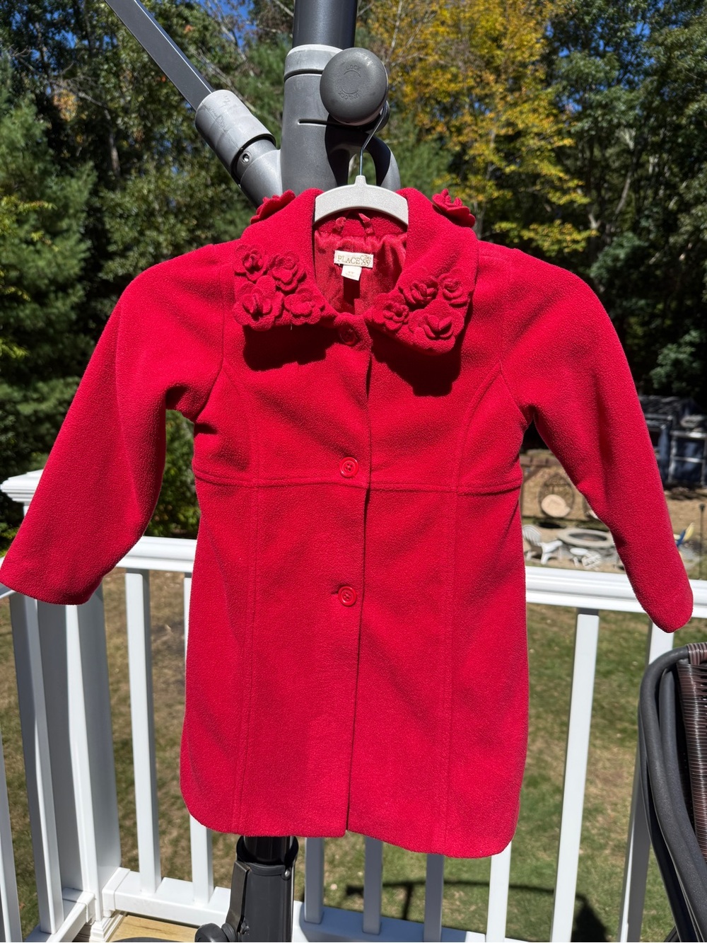 Place Girls' Red Pea Coat with Floral Collar